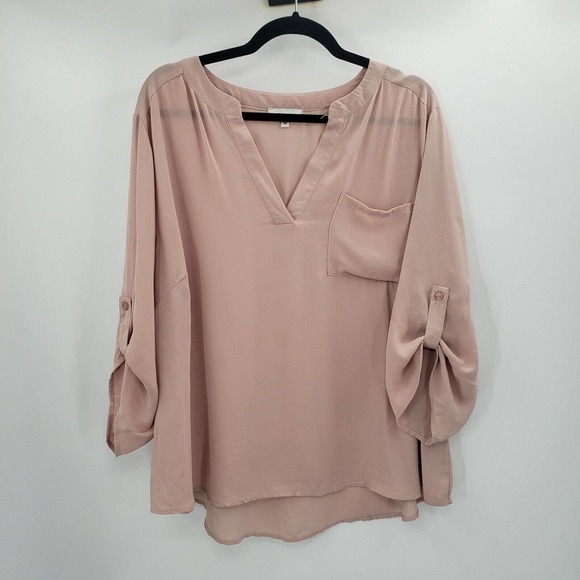Adrienne Vittadini Pink Blush Blouse Women Size 2x Roll Tab Sleeve V Neck Pocket - Picture 10 of 11